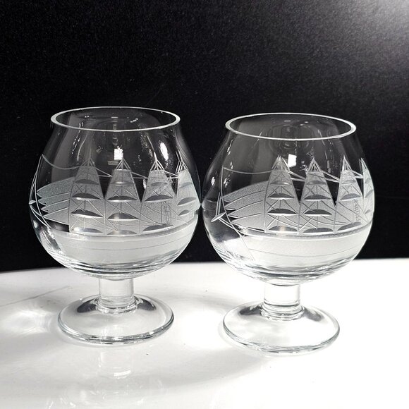 Toscany Other - 2 Toscany Clipper Ship Brandy Glasses 3.5" small etched crystal Italy nautical s
